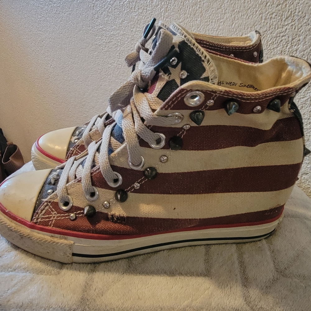 Women's High-Top Sneaker Wedges in Red, White & Blue - Picture 3 of 7